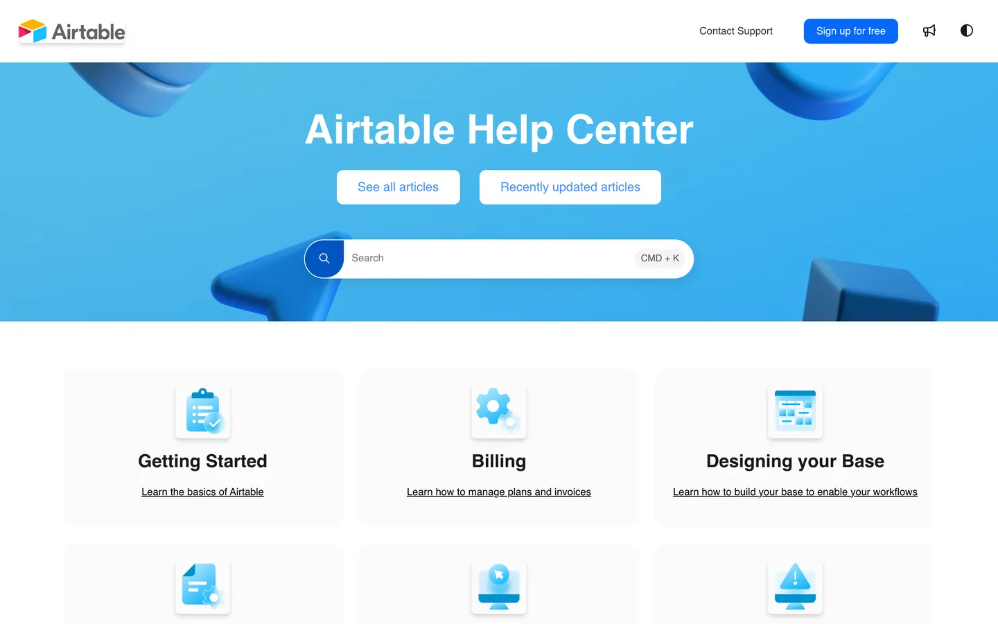 Start page of the Airtable help center, as it looked when the audit ran
