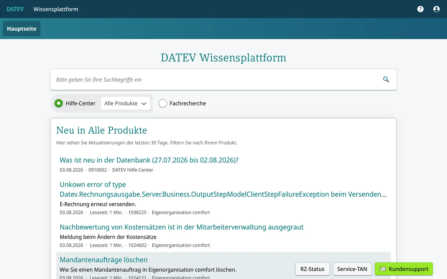 Startseite des Hilfecenters von DATEV, aufgenommen zum Zeitpunkt des Audits