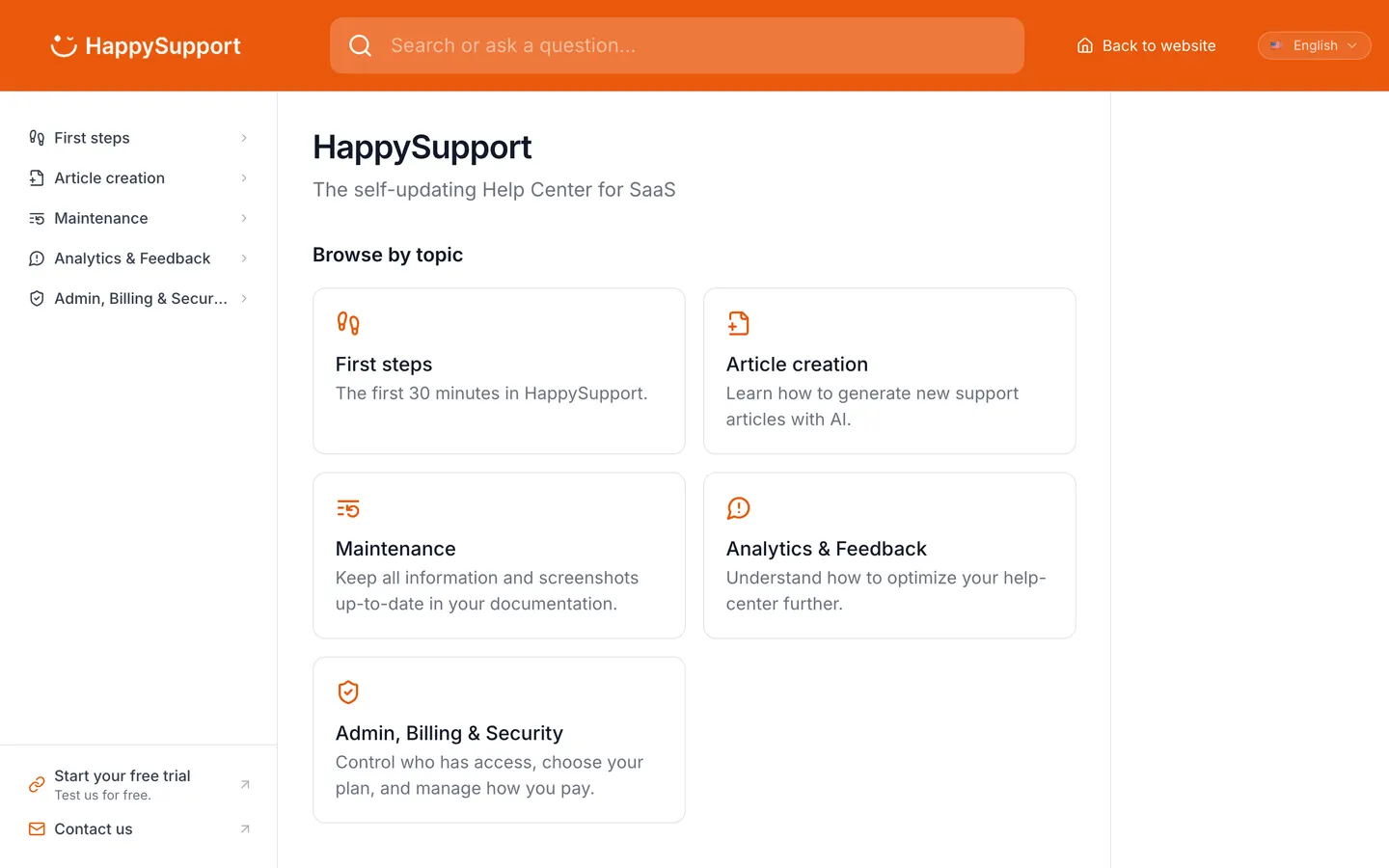 Start page of the HappySupport help center, as it looked when the audit ran