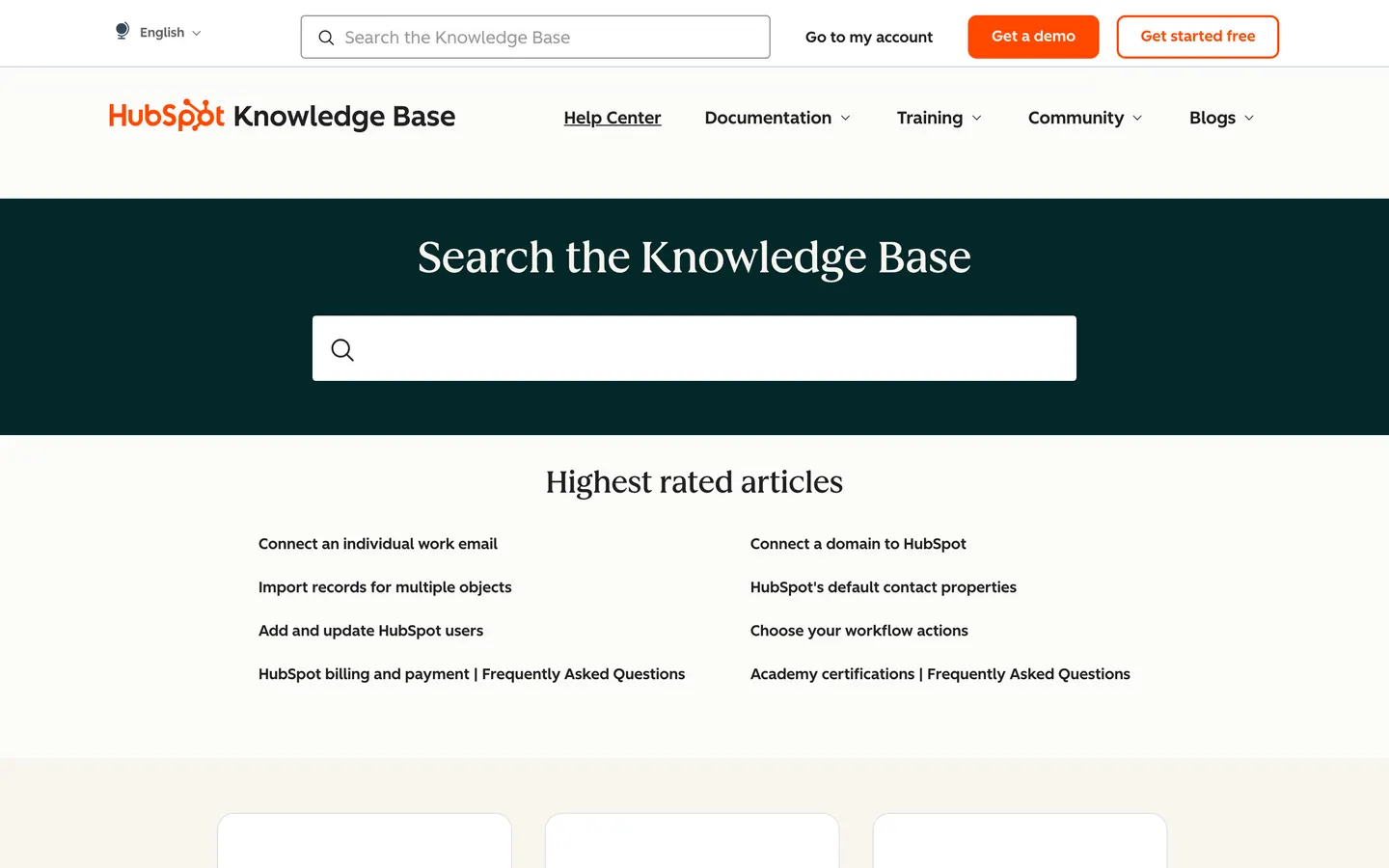 Startseite des Hilfecenters von HubSpot, aufgenommen zum Zeitpunkt des Audits