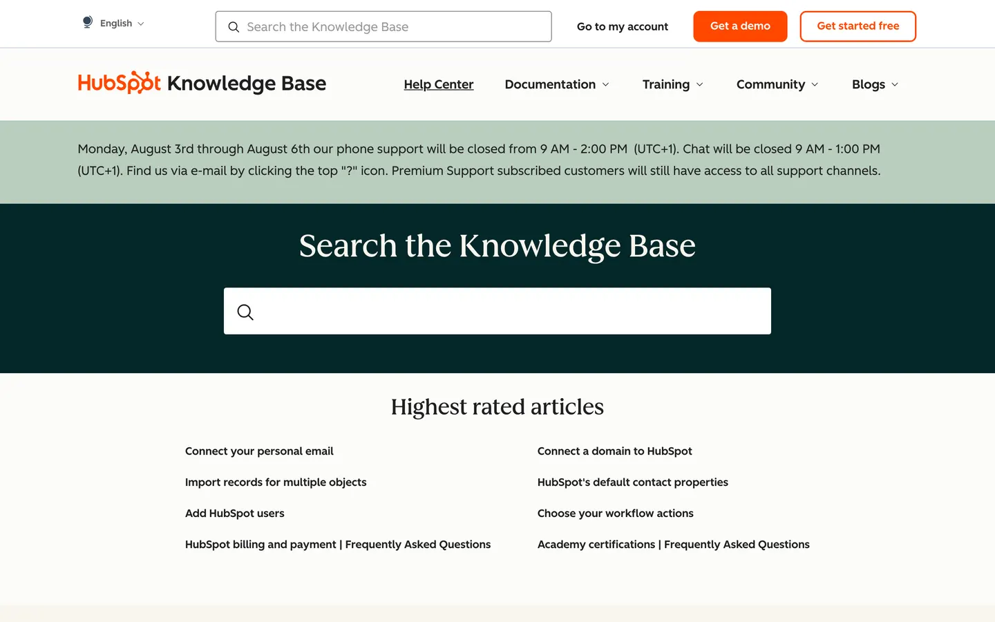Startseite des Hilfecenters von HubSpot, aufgenommen zum Zeitpunkt des Audits