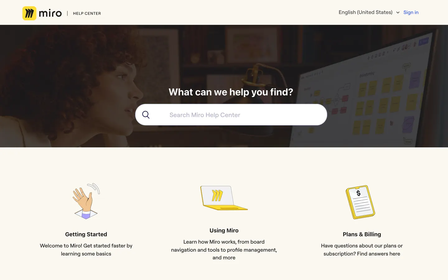 Start page of the Miro help center, as it looked when the audit ran