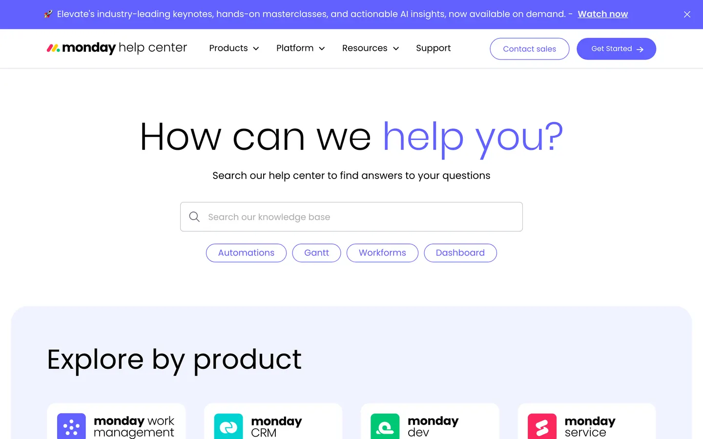 Startseite des Hilfecenters von monday.com, aufgenommen zum Zeitpunkt des Audits