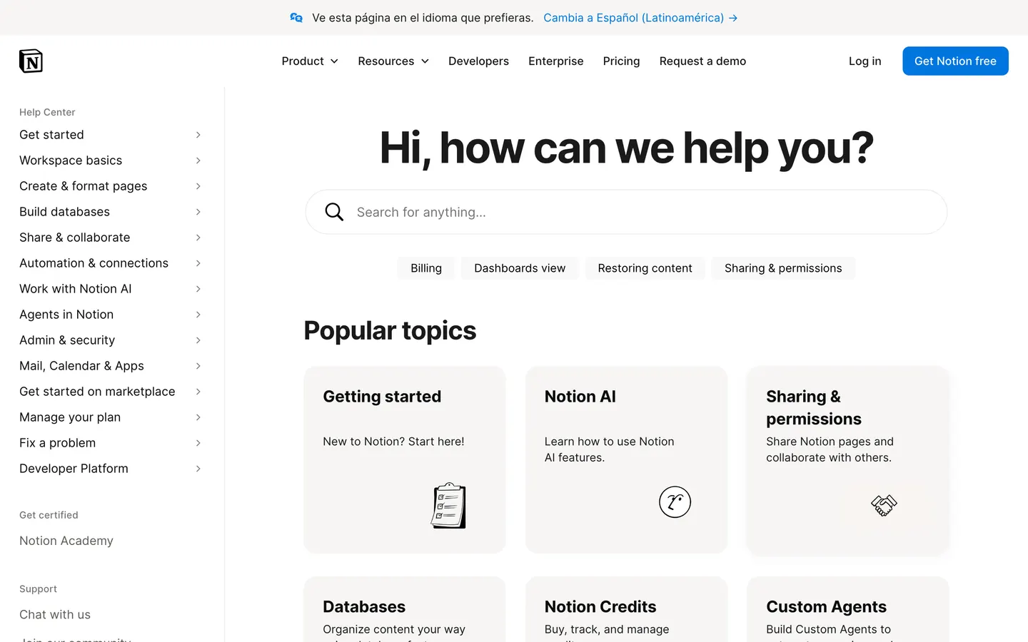 Start page of the Notion help center, as it looked when the audit ran