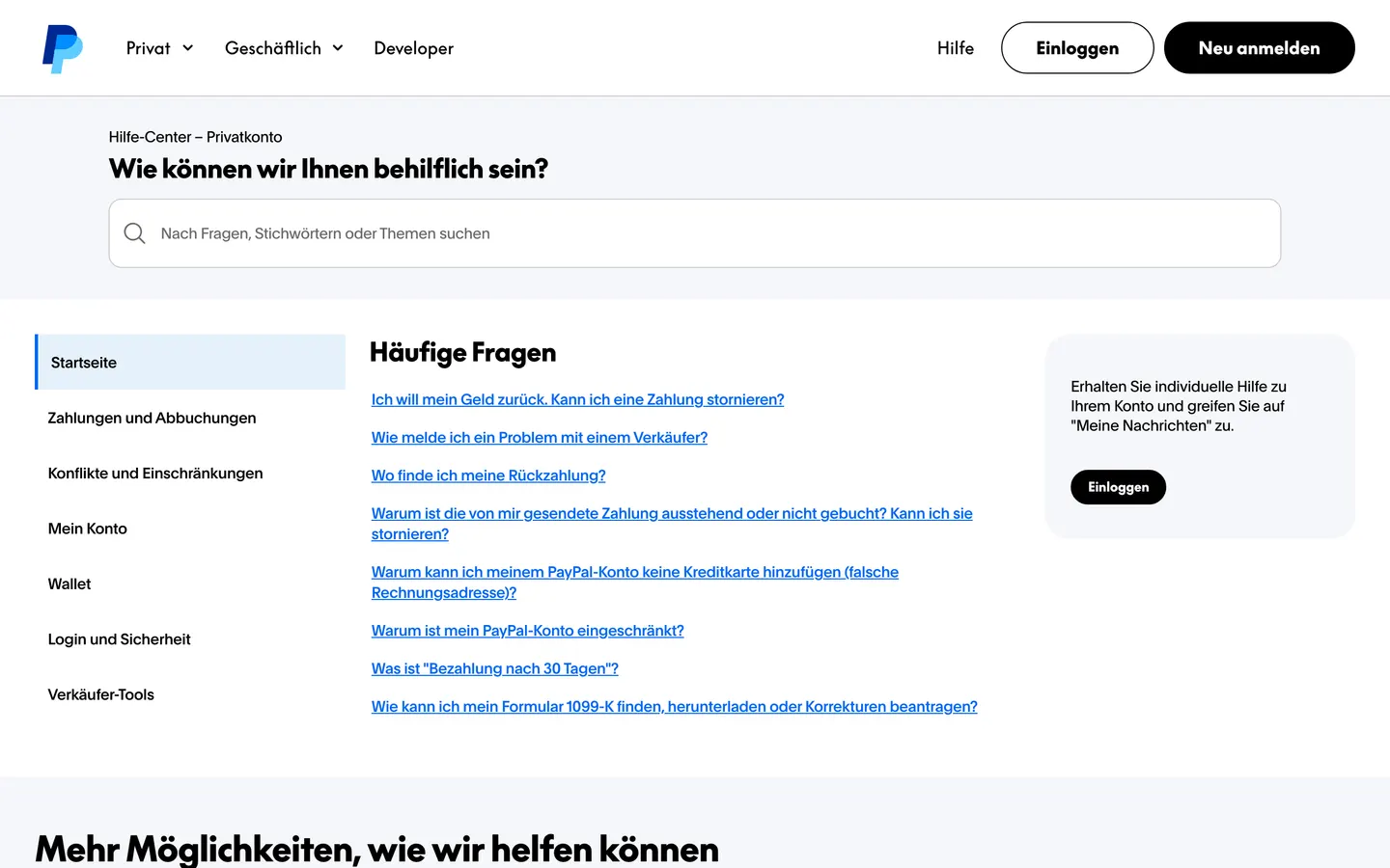 Start page of the PayPal help center, as it looked when the audit ran