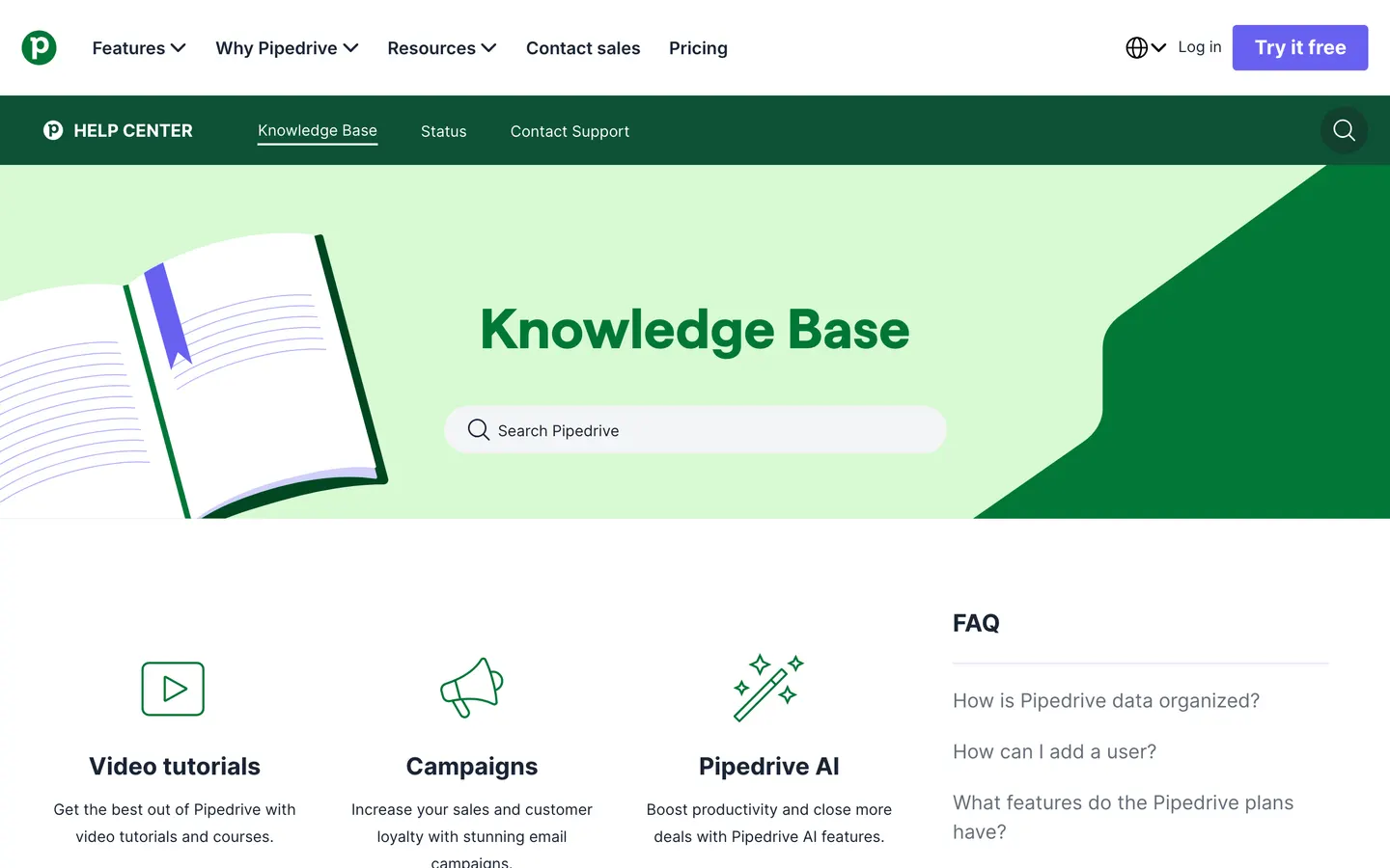 Start page of the Pipedrive help center, as it looked when the audit ran