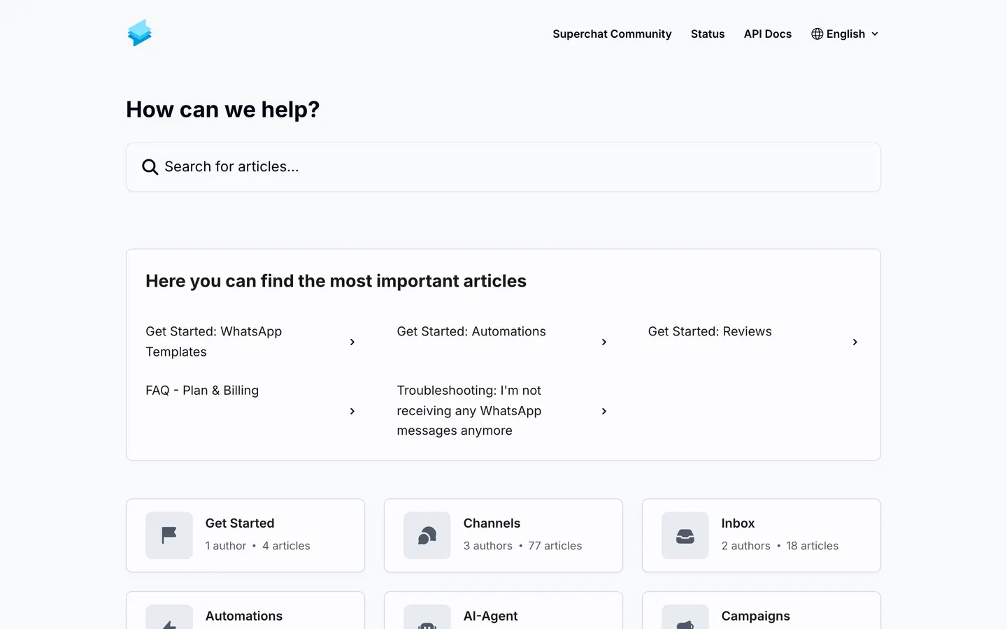 Start page of the Superchat help center, as it looked when the audit ran