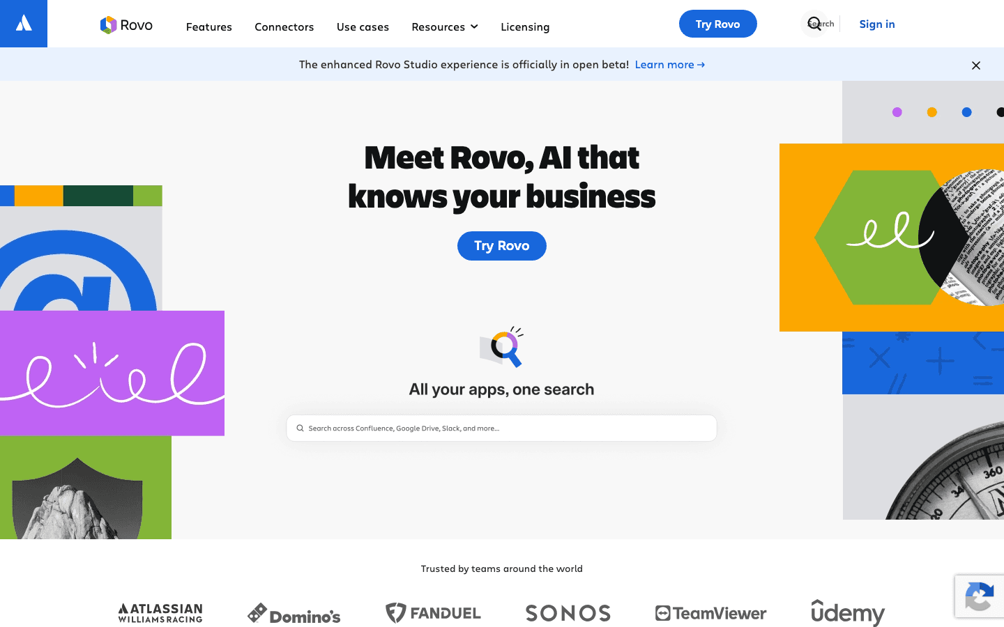 Atlassian Rovo homepage showing Confluence and Jira AI knowledge integration