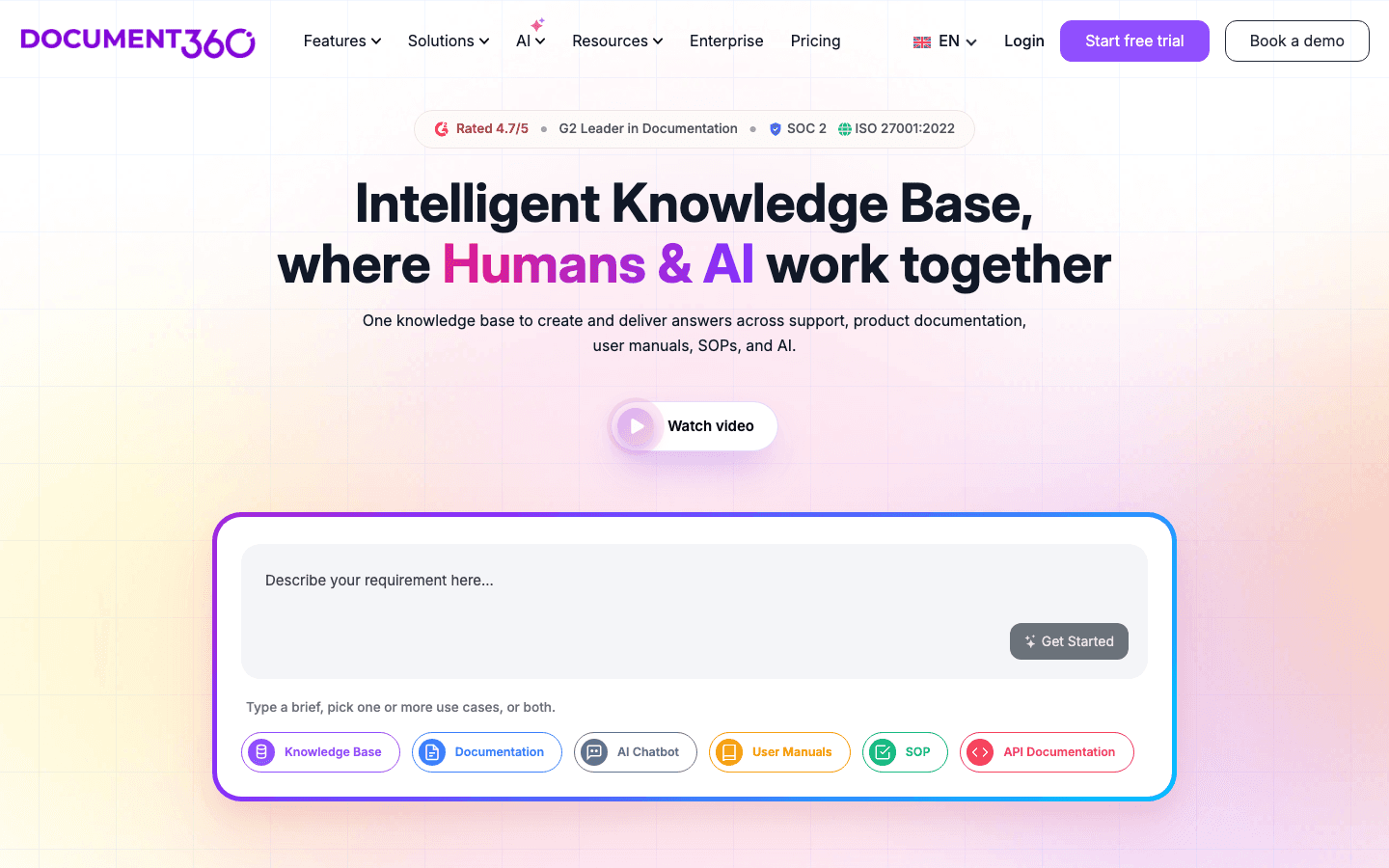 Document360 homepage showing knowledge base platform with AI search