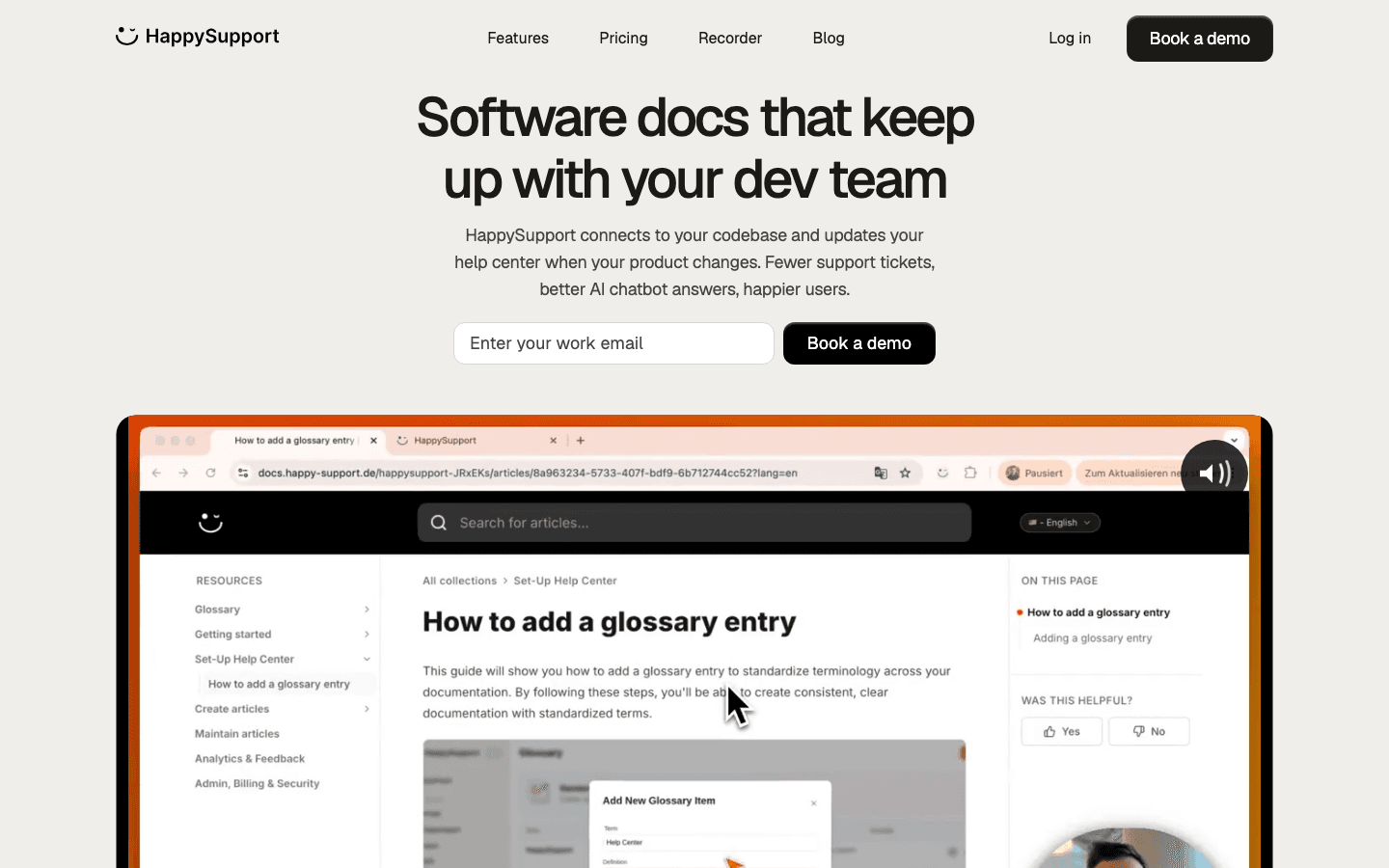 HappySupport homepage with self-updating help center positioning
