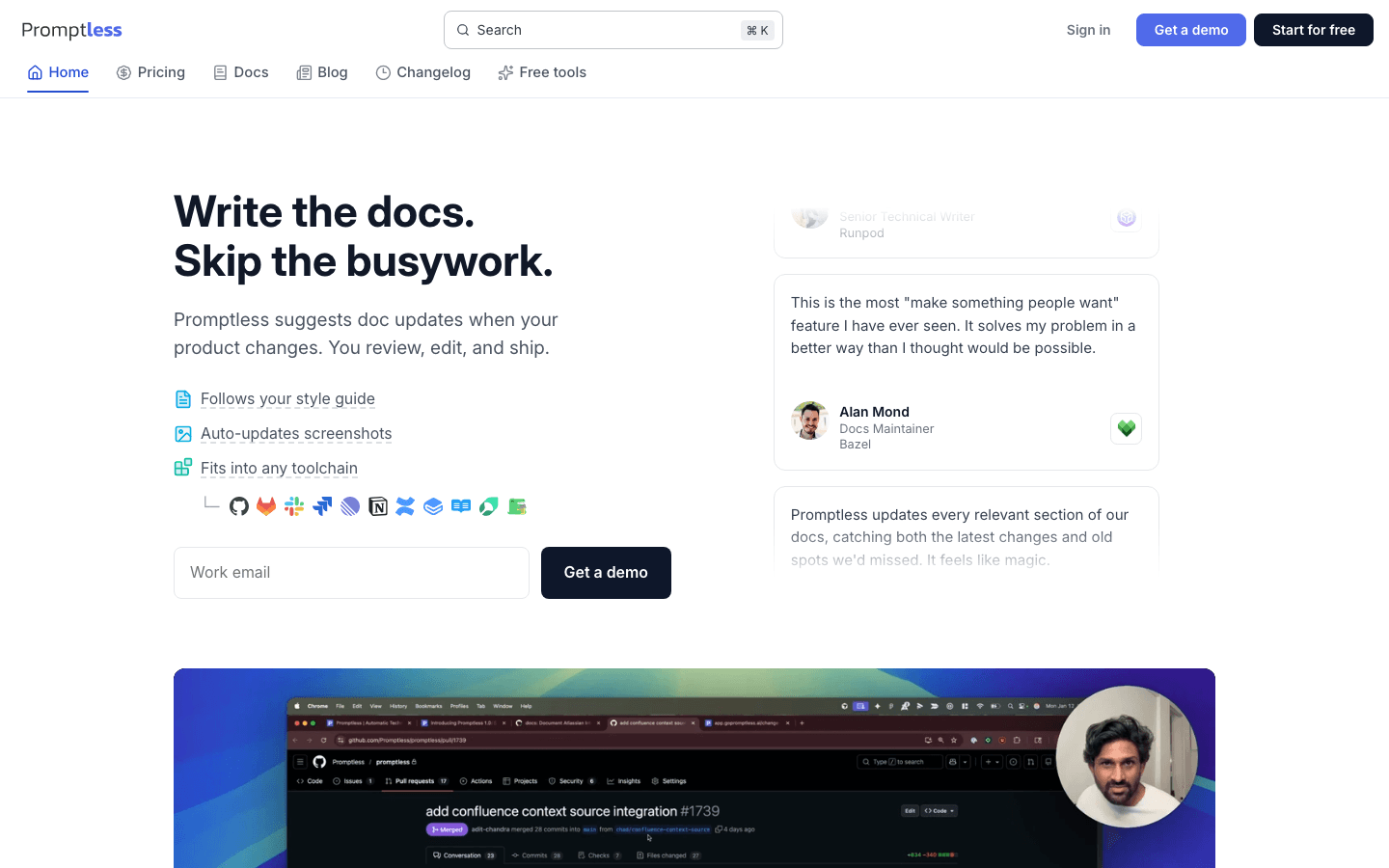 Startseite von Promptless mit dem KI-Teammitglied für kundenorientierte Doku