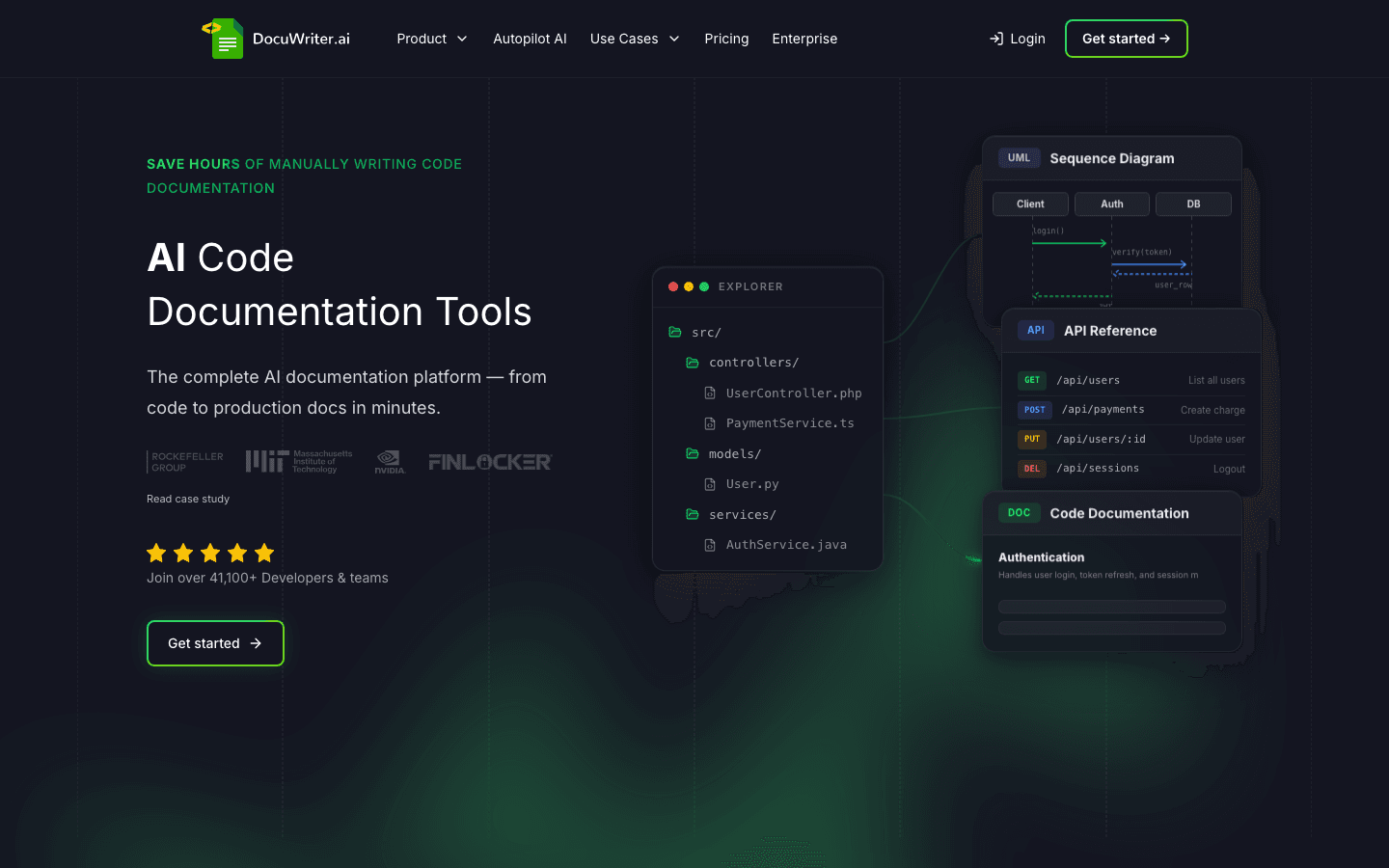 DocuWriter.ai homepage showing AI-first code documentation generator