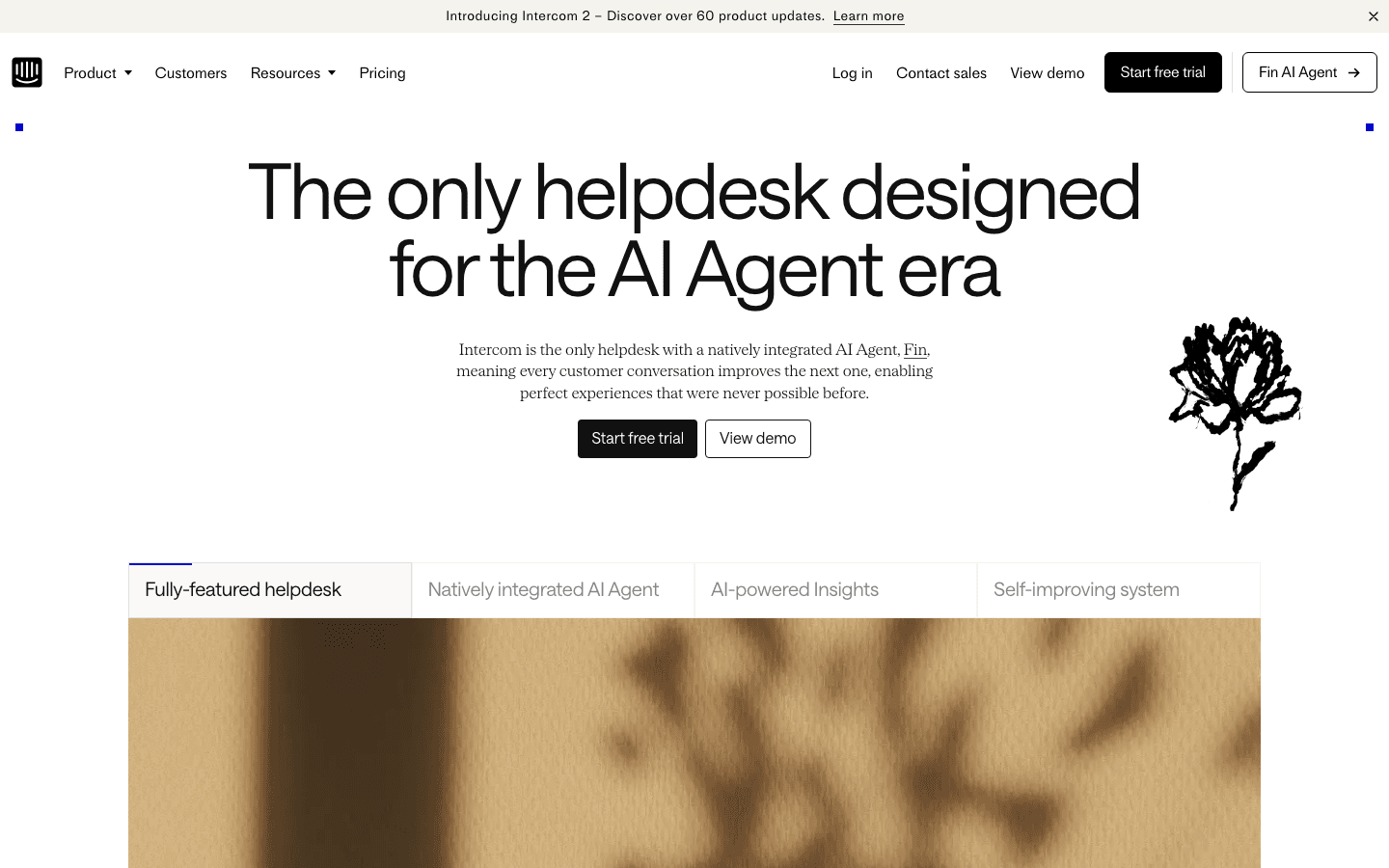 Intercom homepage showing Fin AI and customer messenger platform