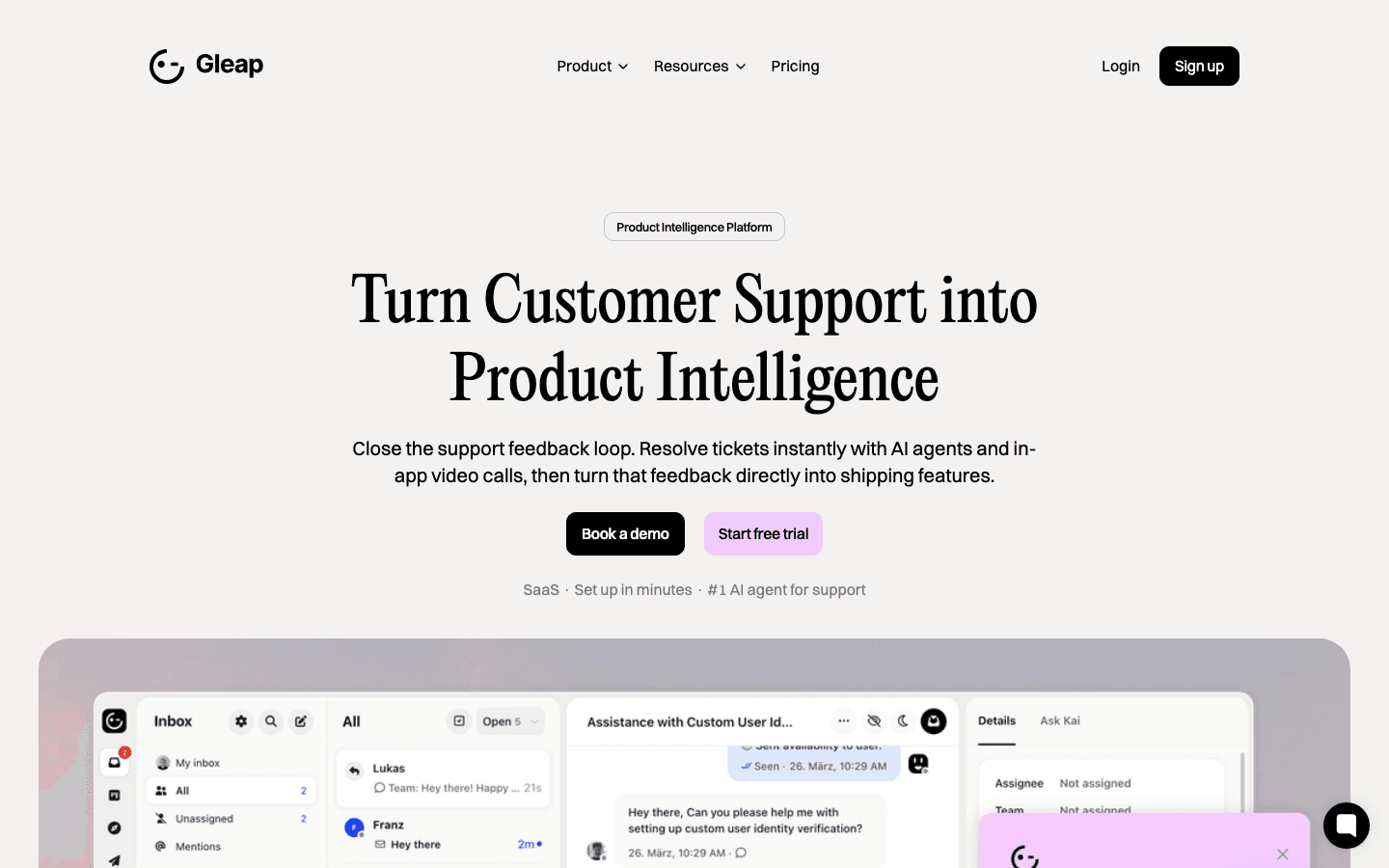 Gleap homepage showing feedback plus knowledge base plus Kai AI agent