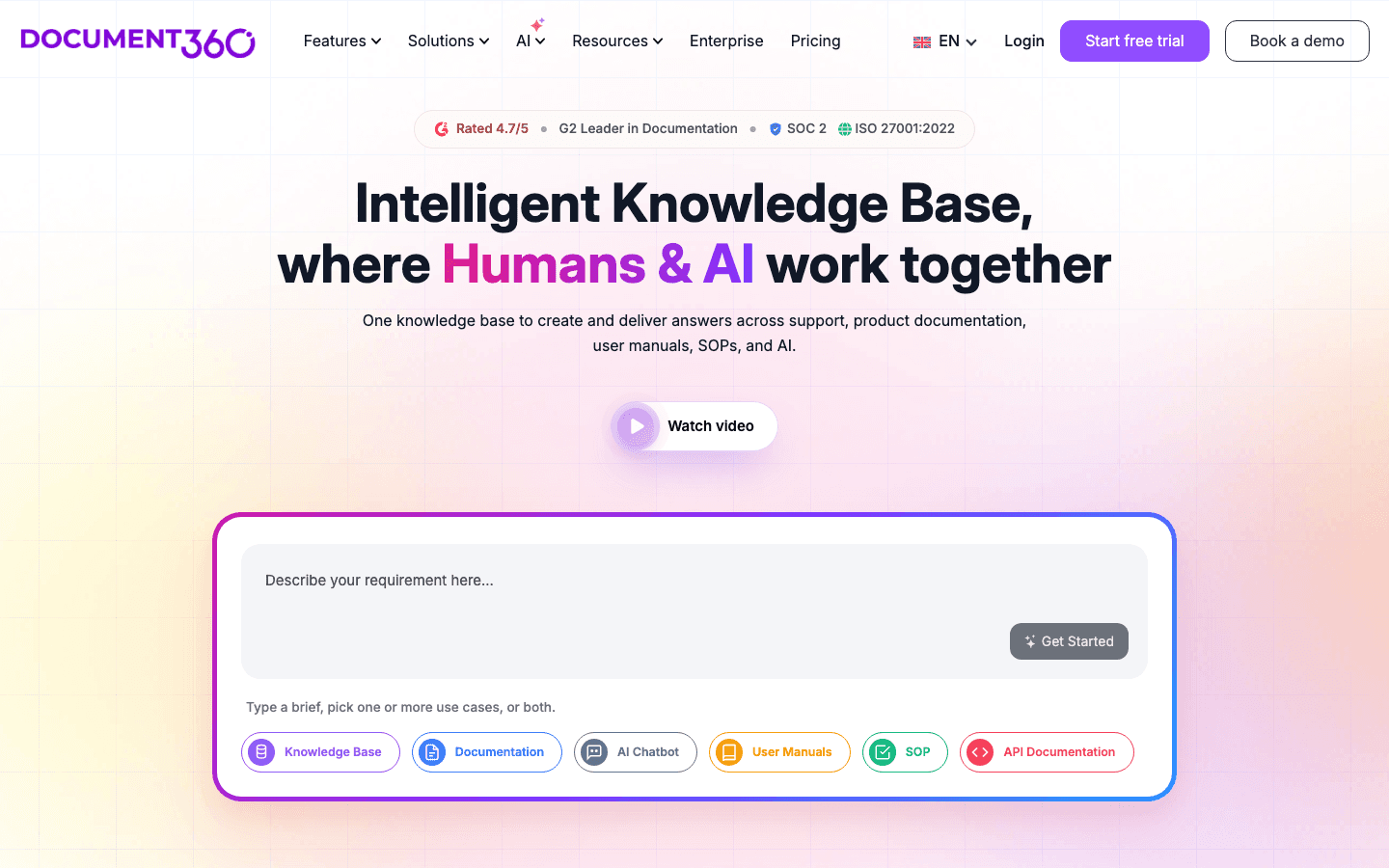 Document360 homepage showing AI knowledge base with Ask Eddy assistant