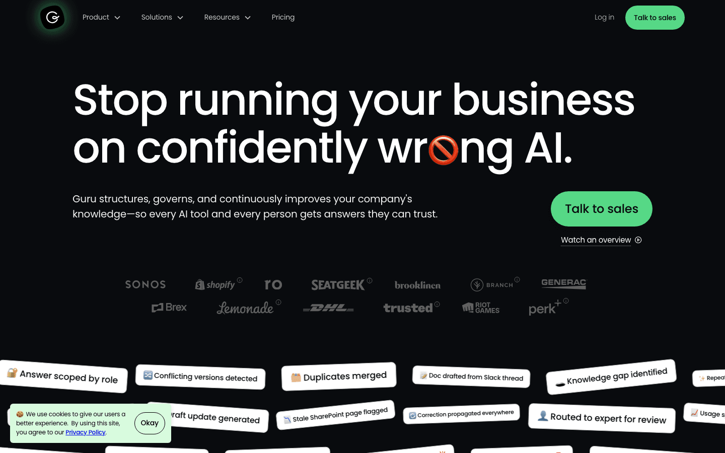 Guru homepage showing Governed Knowledge Layer with verified knowledge agents