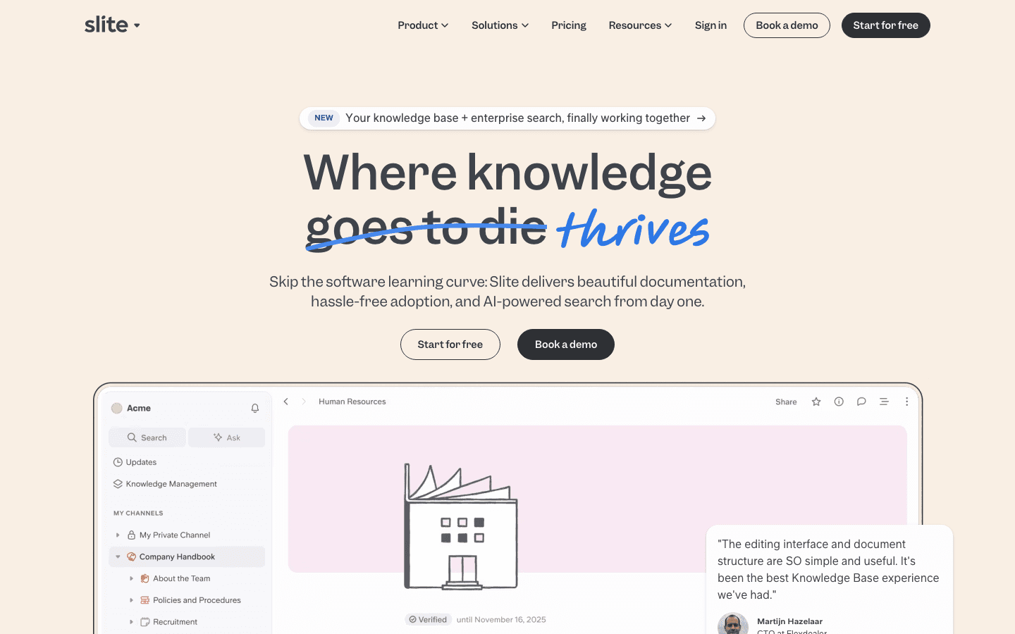 Slite homepage showing AI-powered company knowledge platform at $8 per user
