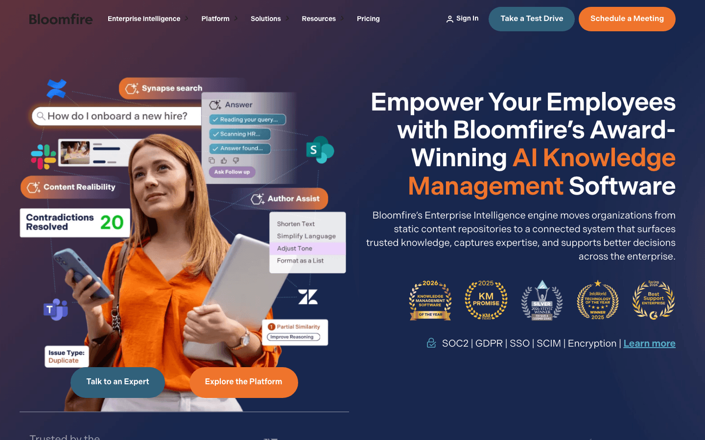 Bloomfire homepage showing knowledge engagement platform with deep indexing