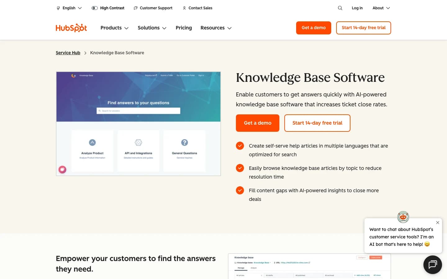 HubSpot Wissensdatenbank Produktseite, Knowledge Base Software im Service Hub 2026