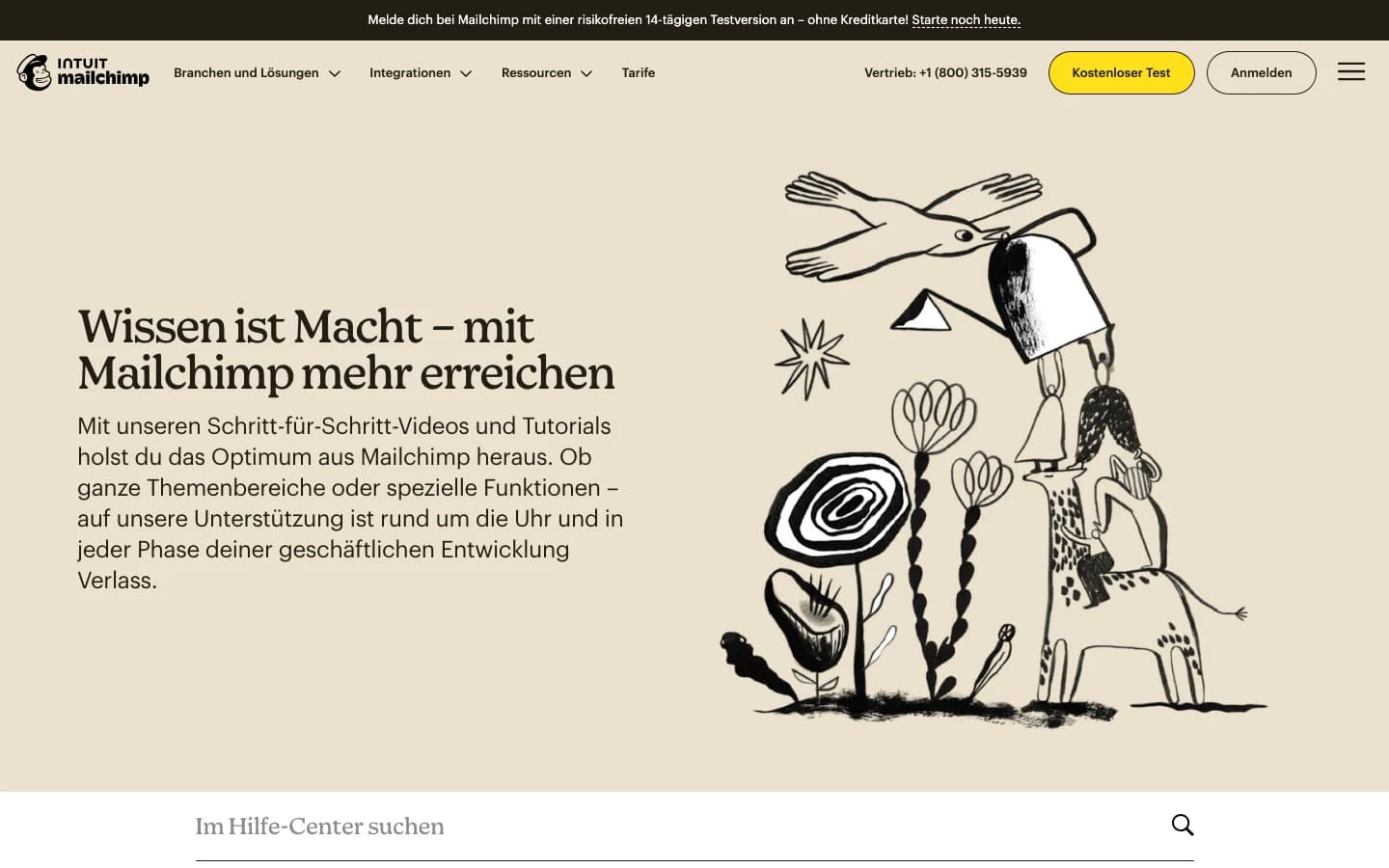 Mailchimp Hilfe-Center, Wissensdatenbank-Beispiel
