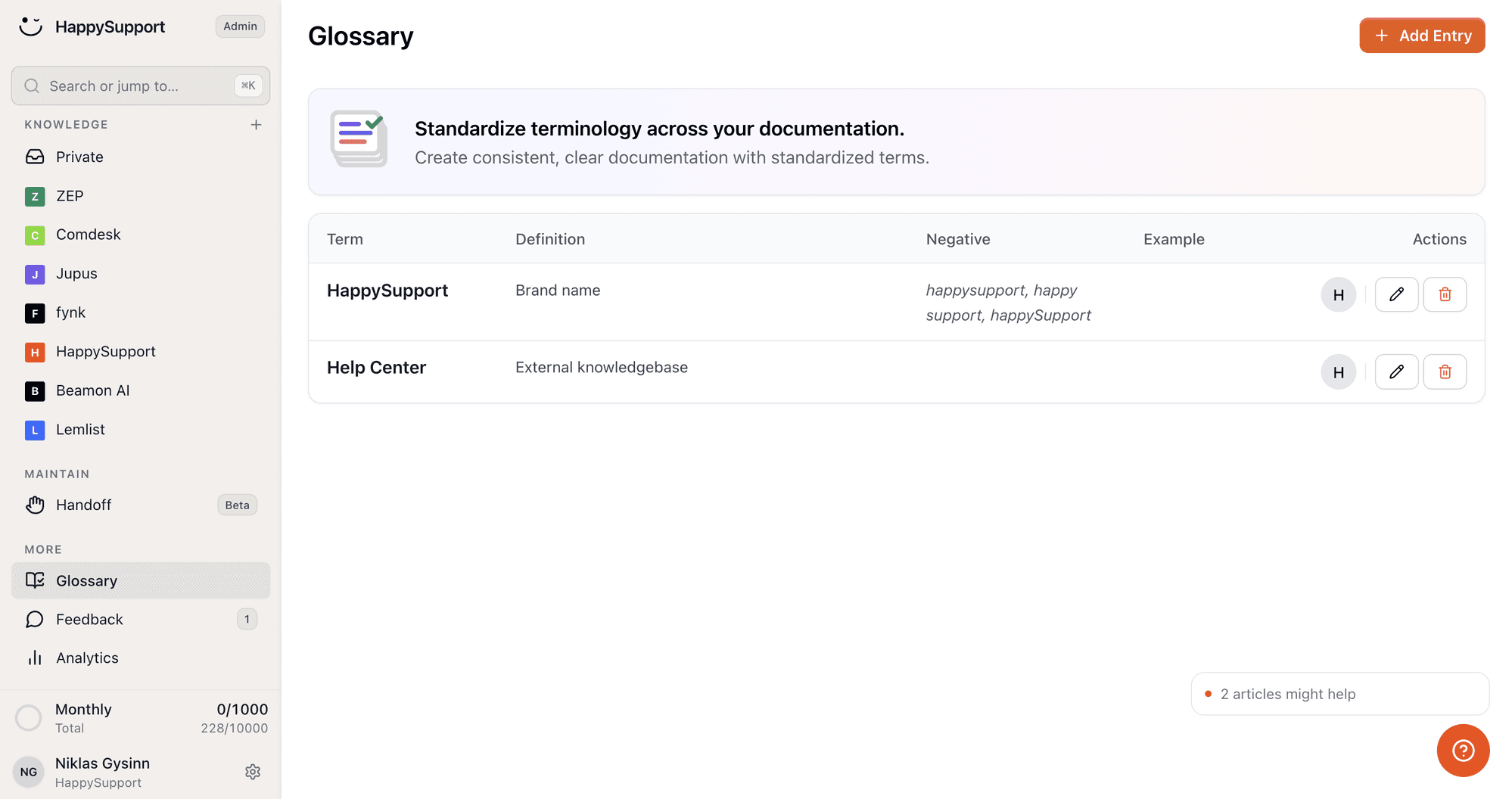Das HappySupport-Dashboard zur Verwaltung der In-App-Nachrichten