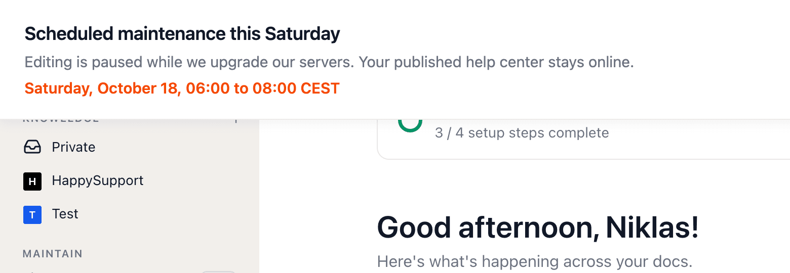 A maintenance announcement banner with a time window at the top of a SaaS app