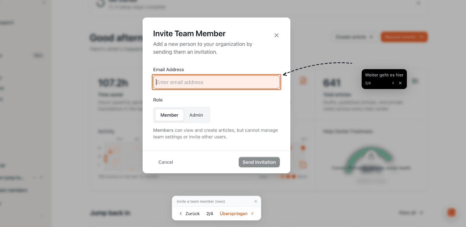 A product tour bubble pointing at the email field in the invite team member dialog
