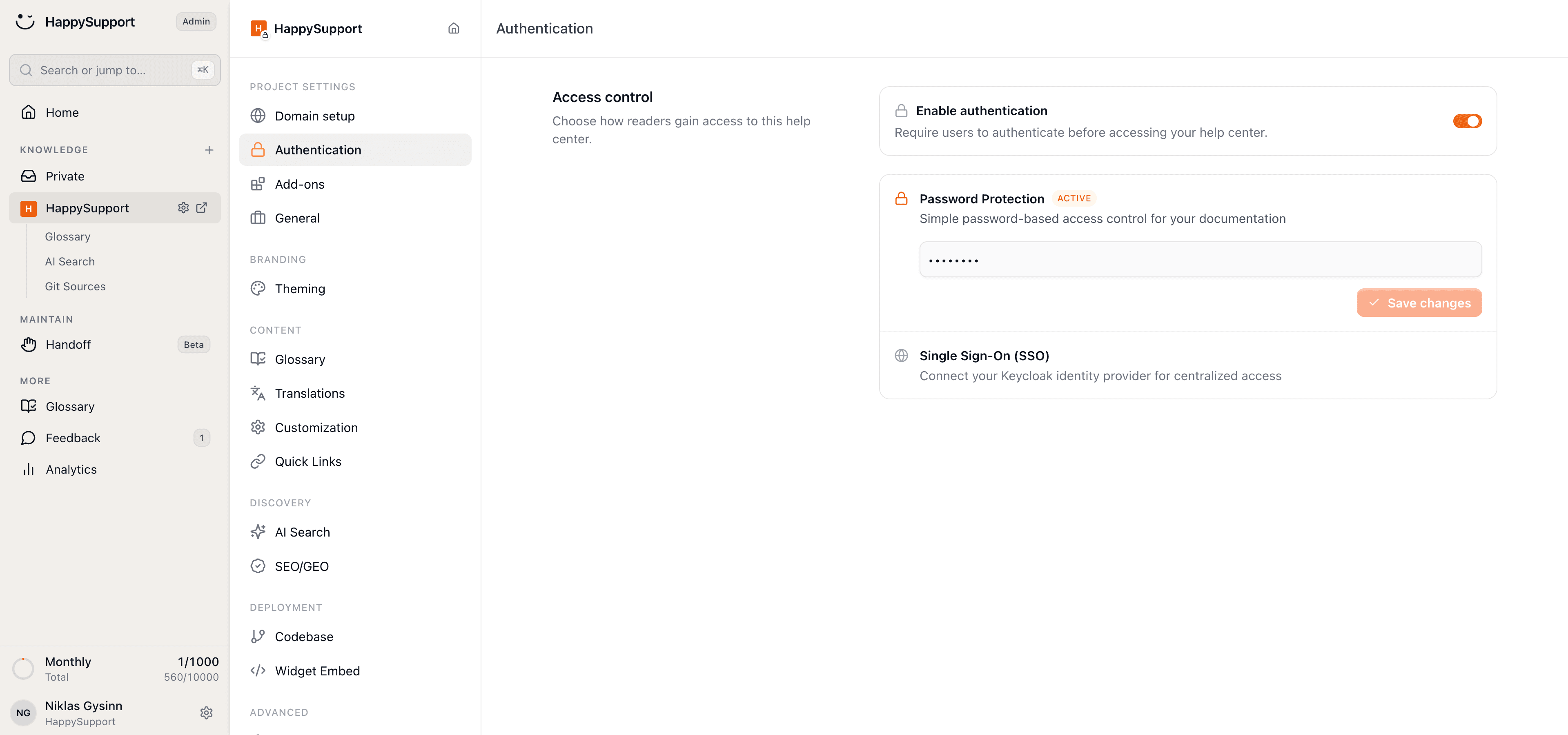 The login-protected settings of a private knowledge base