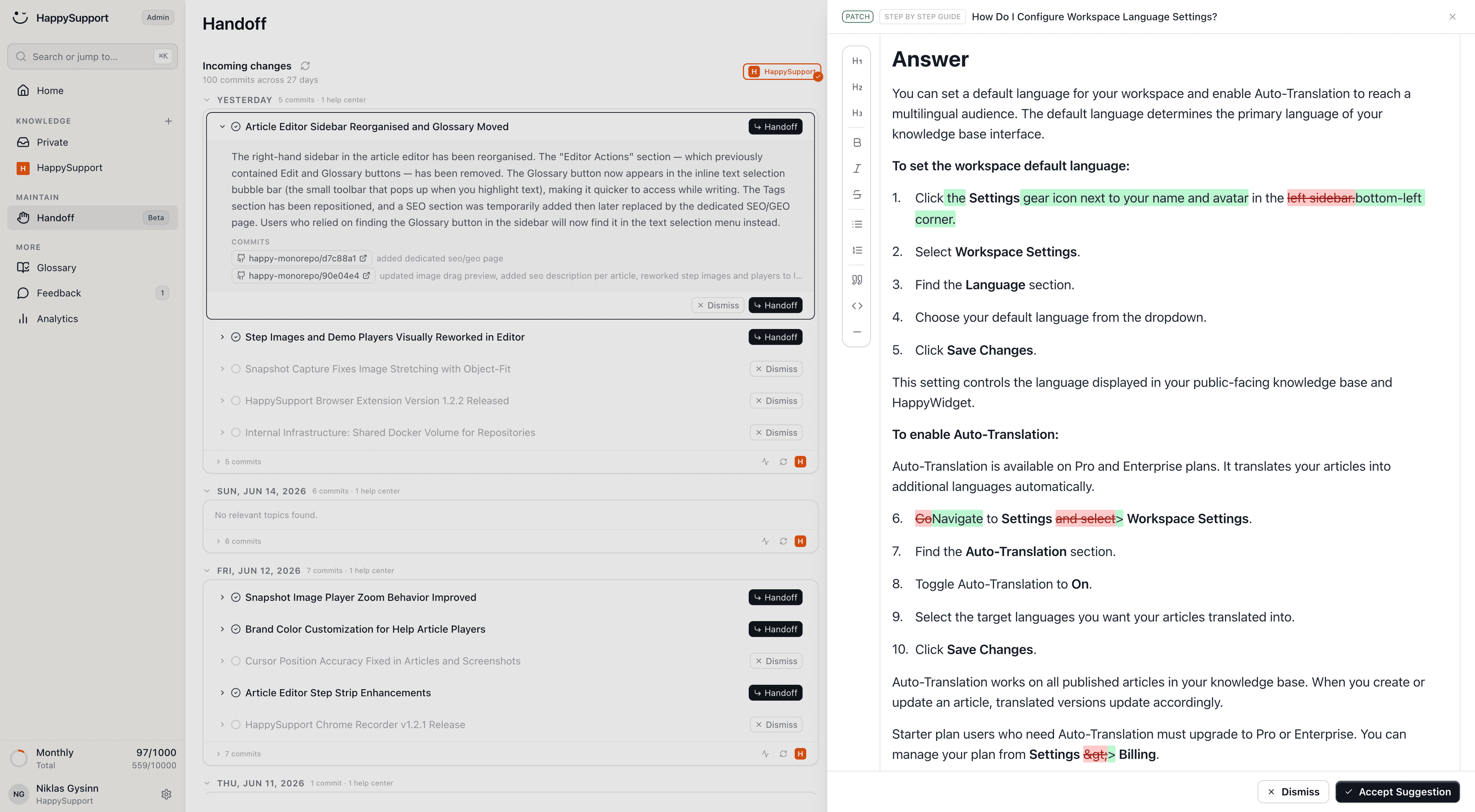 Overview of detected product changes
