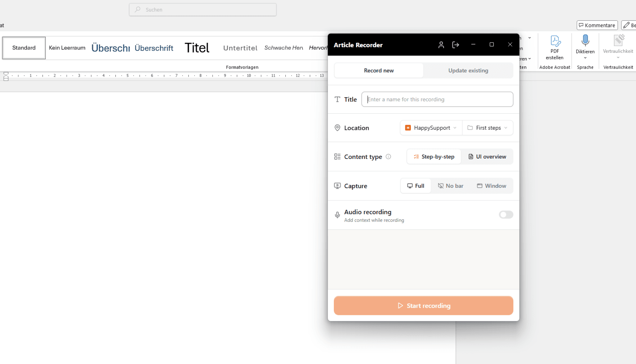 The HappySupport Windows app capturing a desktop flow