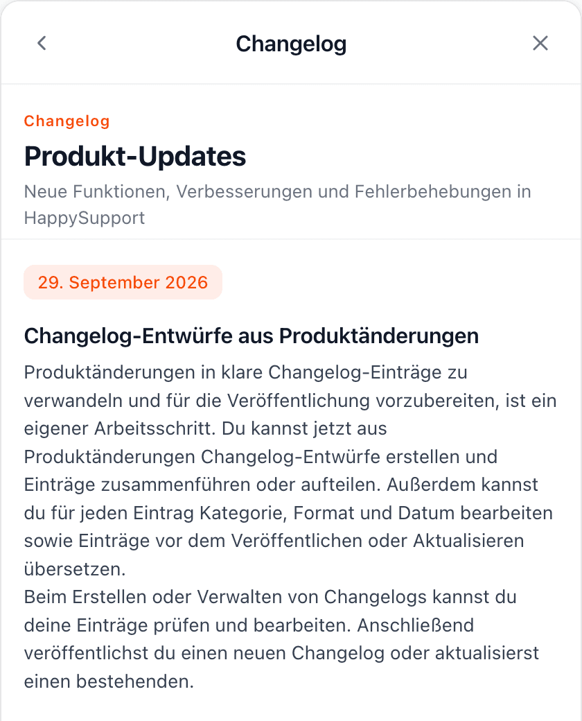 The changelog in the HappySupport widget with an entry about a new feature