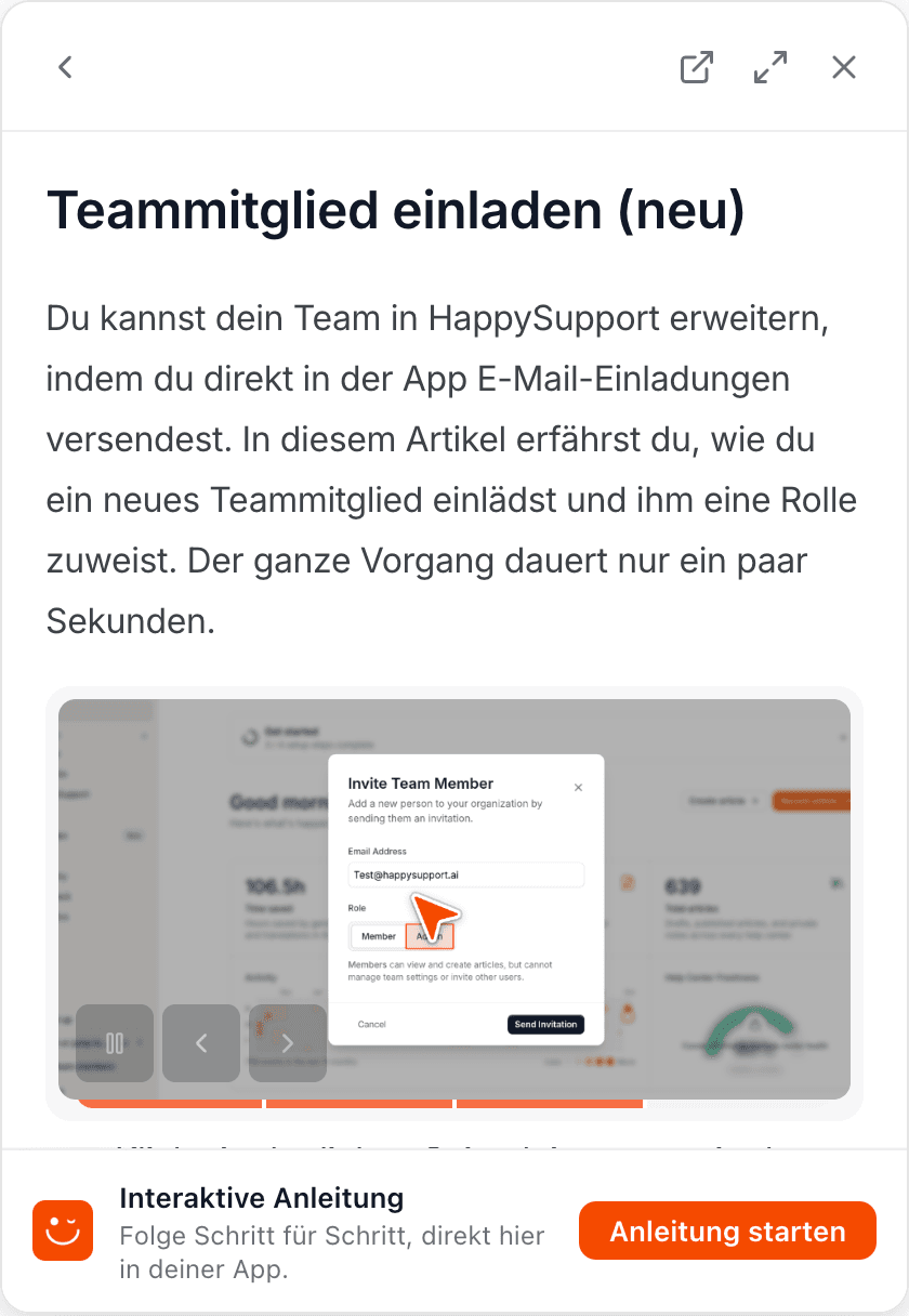 A help article in the HappySupport widget with the start guide button