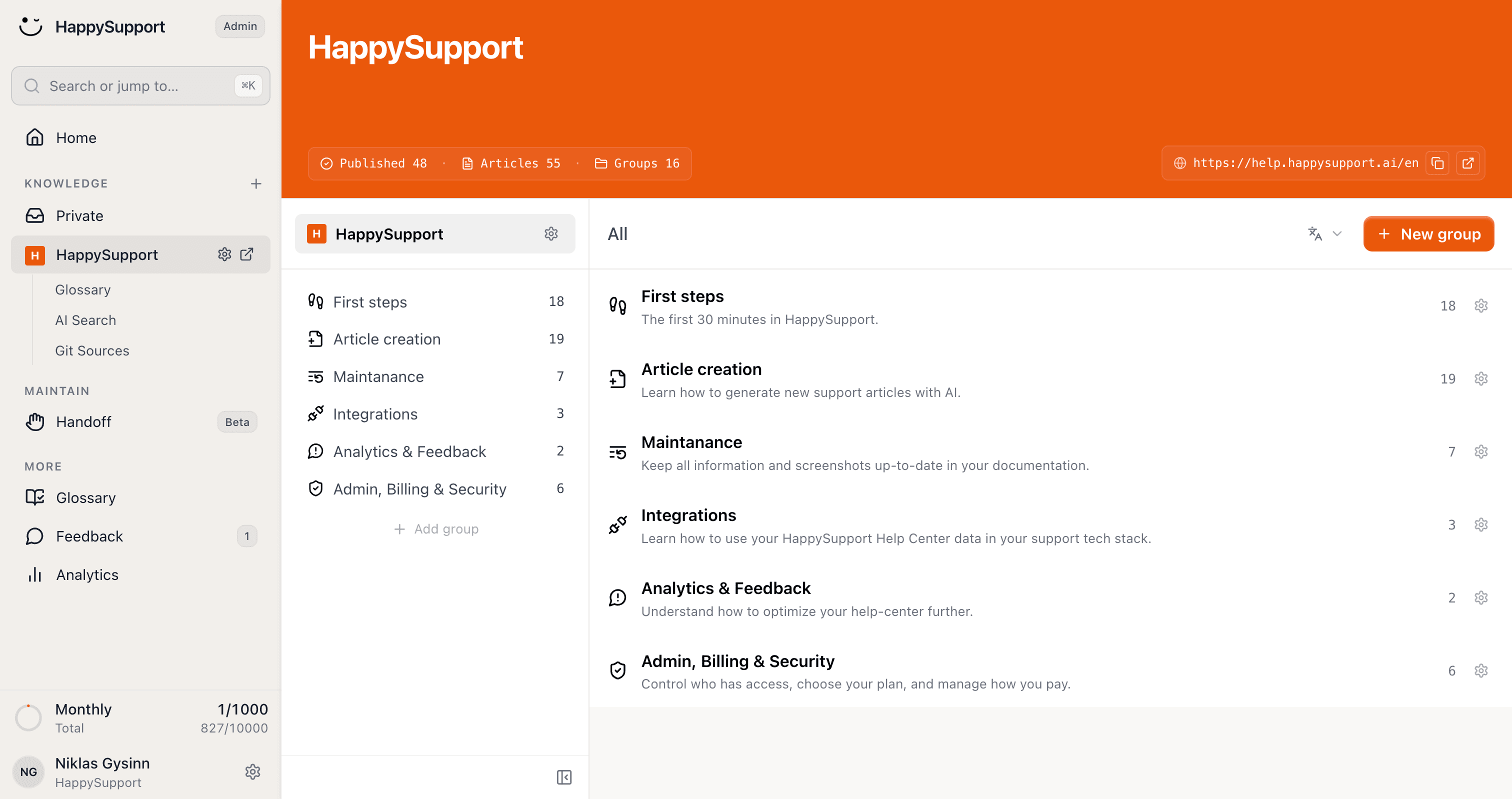 Das HappySupport Hilfe-Center mit der Artikelübersicht