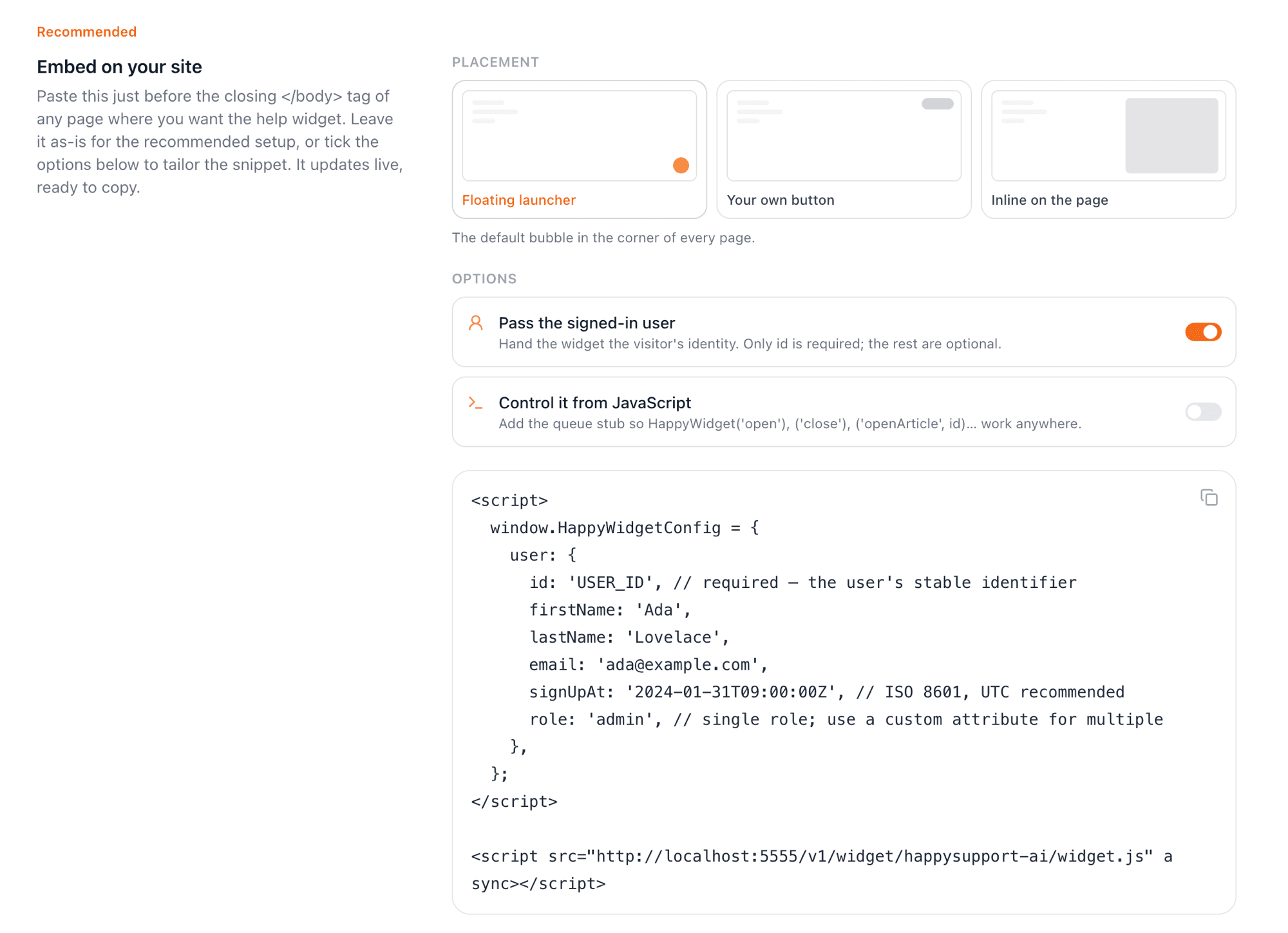 Embedding the widget in one line of code