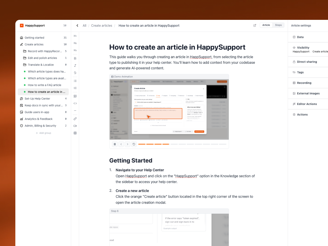 HappySupport article editor view showing a published help center article with the embedded recording, step-by-step instructions, and side panel for editing settings.