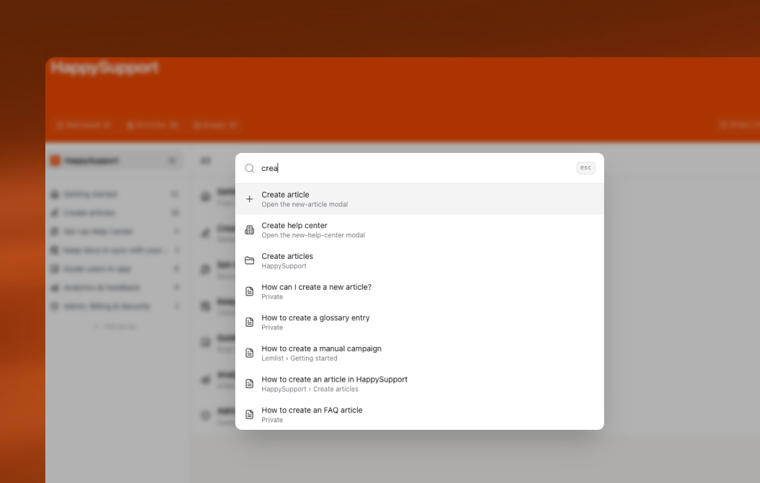 HappySupport command palette overlay open inside the app with the query crea, showing instant actions to create an article, create a help center, and create articles plus suggested help center articles.